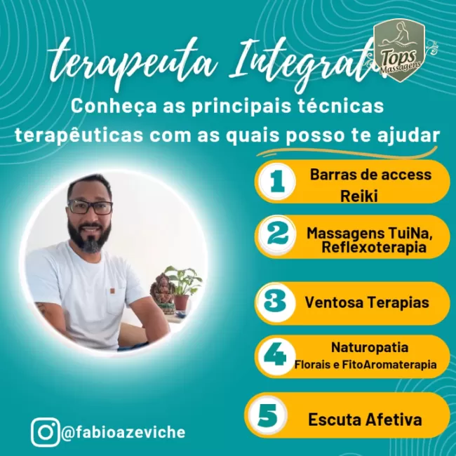 Como terapeuta integrativo, acredito na união entre corpo, mente e espírito para promover uma cura completa. Aqui estão algumas das técnicas que utilizo para te ajudar nesse caminho de bem-estar. Vamos juntos transformar sua saúde e qualidade de vida!
