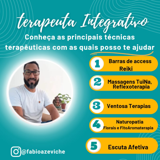 Como terapeuta integrativo, acredito na união entre corpo, mente e espírito para promover uma cura completa. Aqui estão algumas das técnicas que utilizo para te ajudar nesse caminho de bem-estar. Vamos juntos transformar sua saúde e qualidade de vida!
